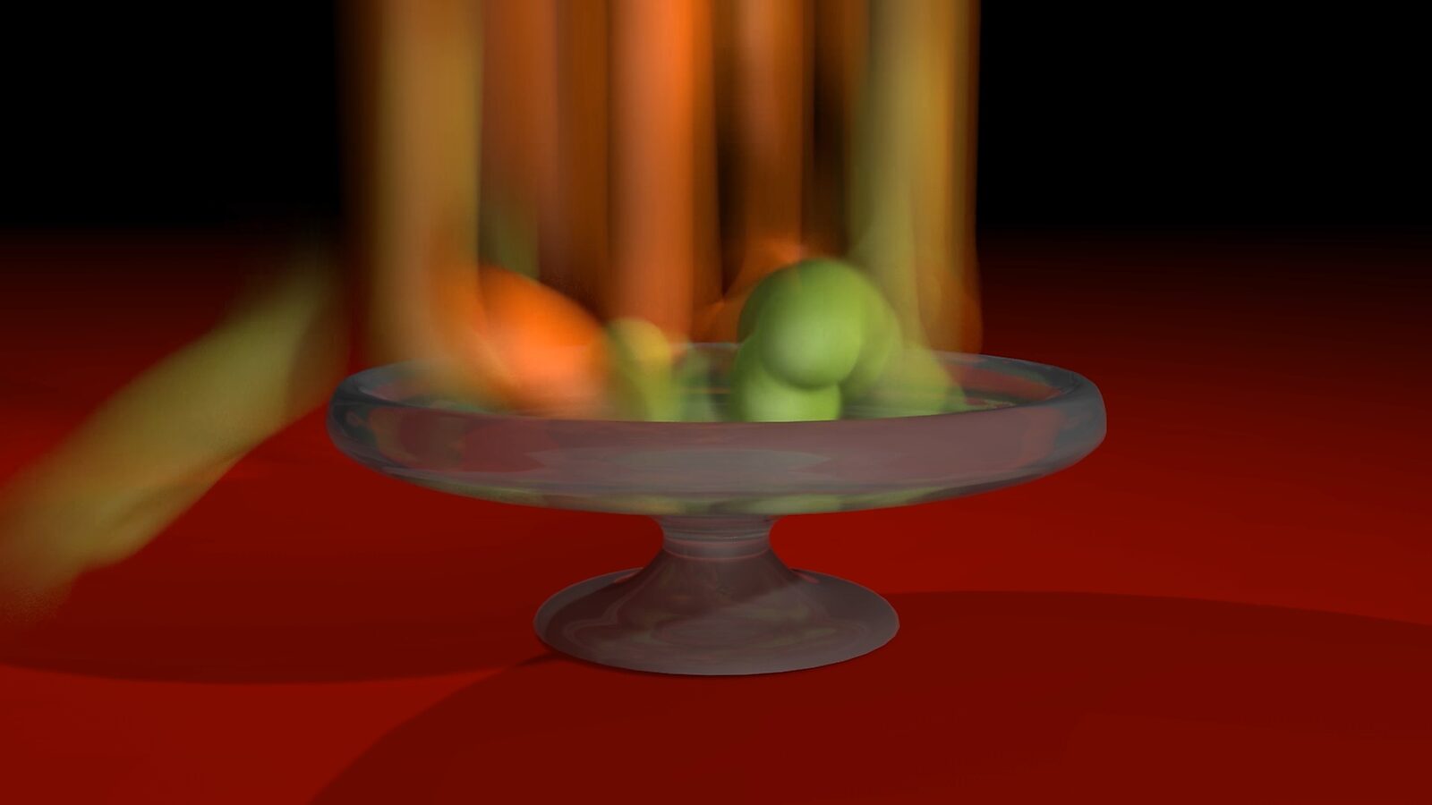 Trage schilderijen, Slow Paintings — De fruitschaal, The Fruit Bowl — videostill uit 3D-animatie waarin vruchten van bovenaf in een glazen schaal vallen; verticale kleursporen en zachte bewegingsonscherpte vertalen snelheid in een traag uitgerekte stroom.
