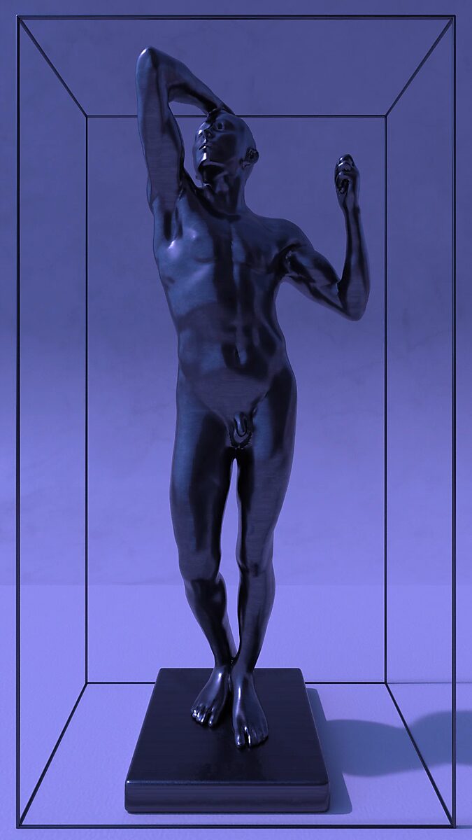 Broken Volume — videostill from a blue 3D animation showing a bronze sculpture standing intact inside a display case.