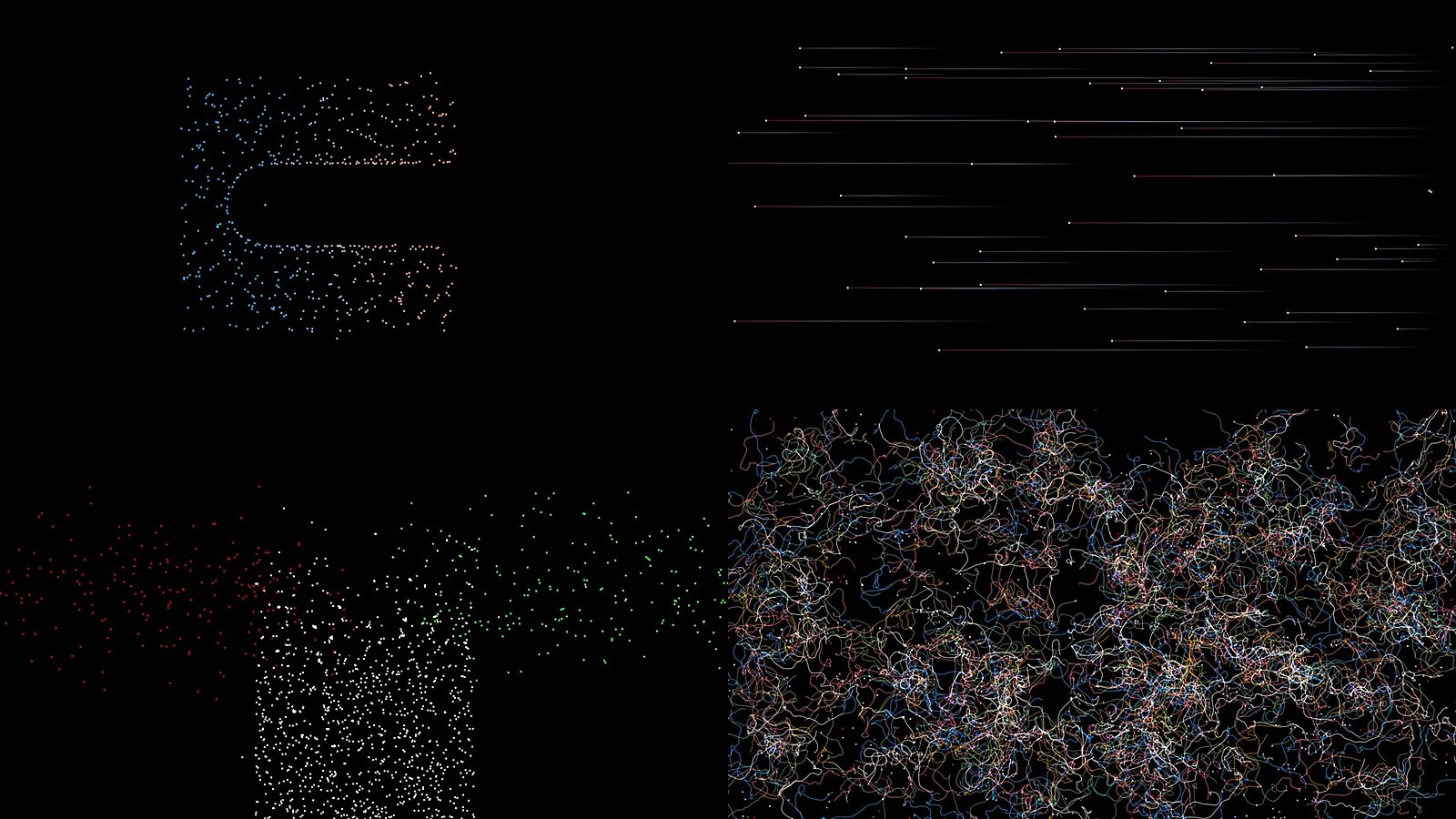Virtuele transformatie — Vorm van een passage — videostill van een 3D animatie waarin punten zich groeperen en uiteenvallen, waardoor tijdelijke structuren en richtingen ontstaan.