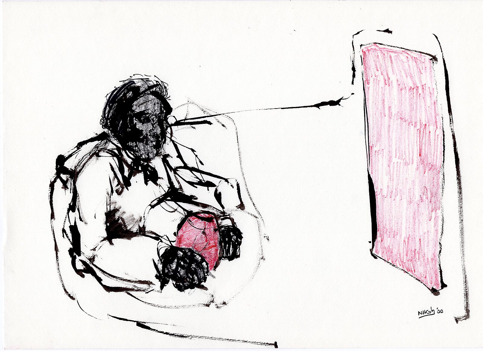 Tekeningen — Jaar 2000 — tekening van een zittende figuur met donkere schaduw over het gezicht die een rood object op de schoot vasthoudt; rechts staat een groot roze vlak.