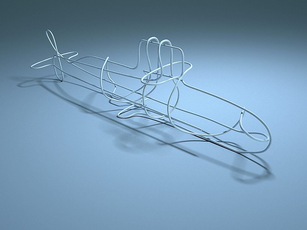 Shipbuilding — 3D-ontwerp van de sculptuur als doorlopende draadstructuur die de vorm van een langgerekt schip suggereert.