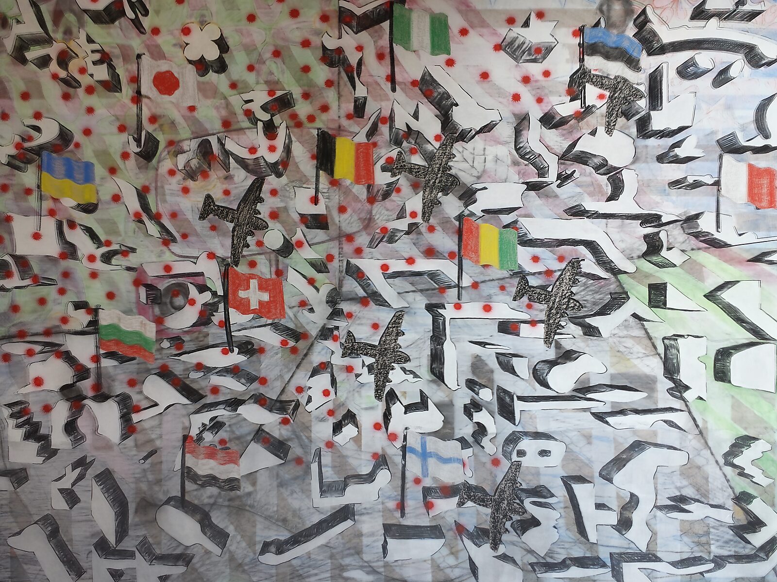 Tekening in beweging — Drawing in Motion — videostill van een drukke compositie met zwarte abstracte vormen, nationale vlaggen en verspreide rode stippen die het beeld vullen.
