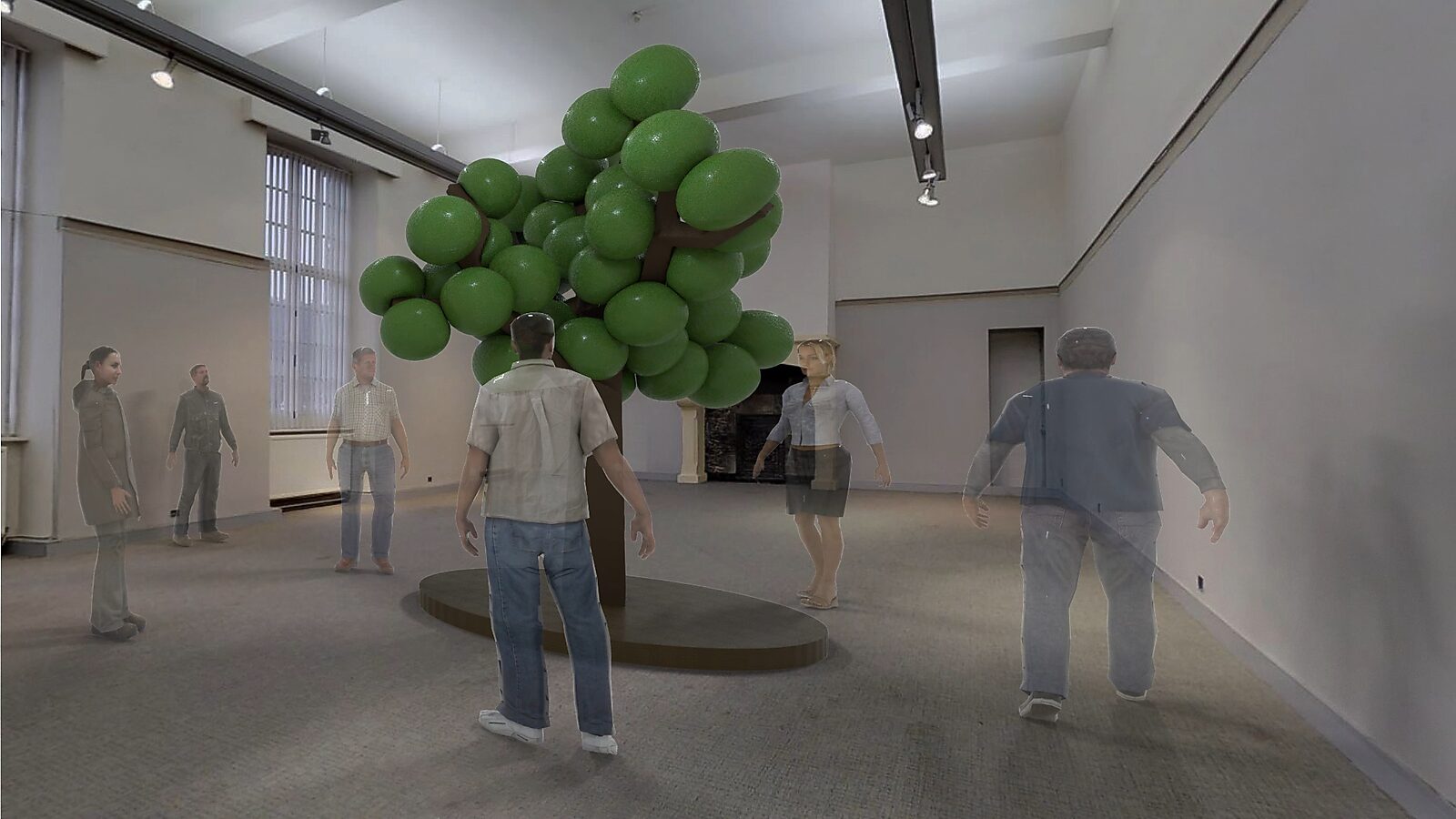 Airy Trees — The Presence Tree, exhibition concept, 3D animation videostill: visitors gather around the tree-like sculpture while the green spheres grow into a compact leafy crown.