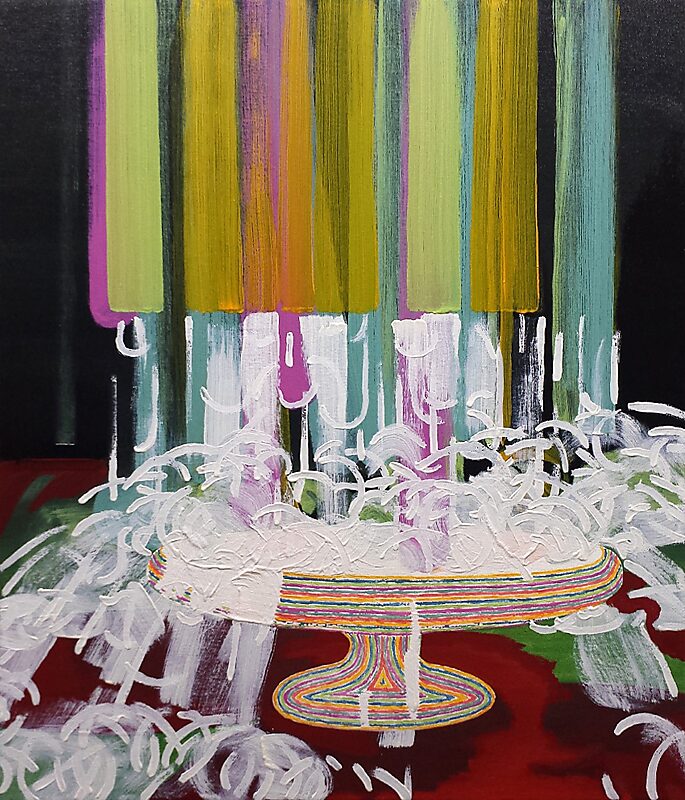Slow Paintings — The Fruit Bowl — oil painting in which the bowl nearly dissolves into white, curling brushstrokes; the fruits are overwritten by descending colour streaks, balancing between recognisable object and abstract gesture.