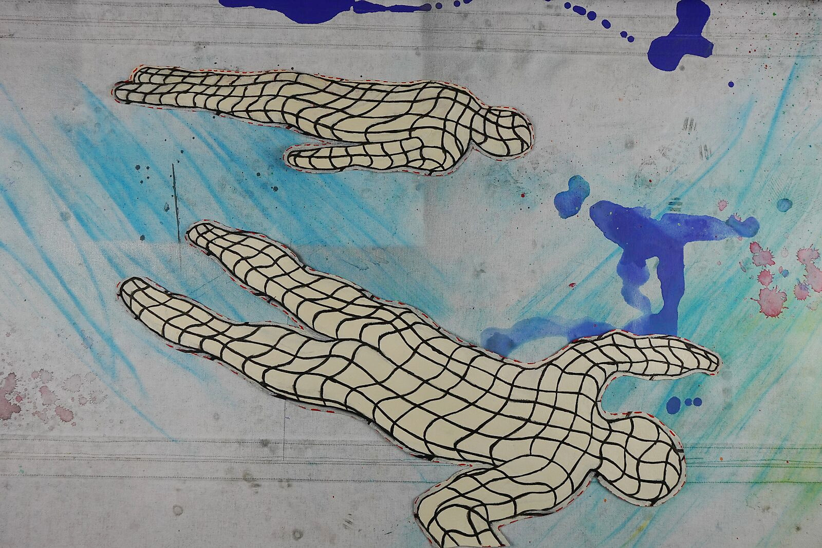 Of the Grid — the cut-out grid bodies are scattered across the painted surface; the virtual grid body becomes a separate object within a real, paint-stained space.