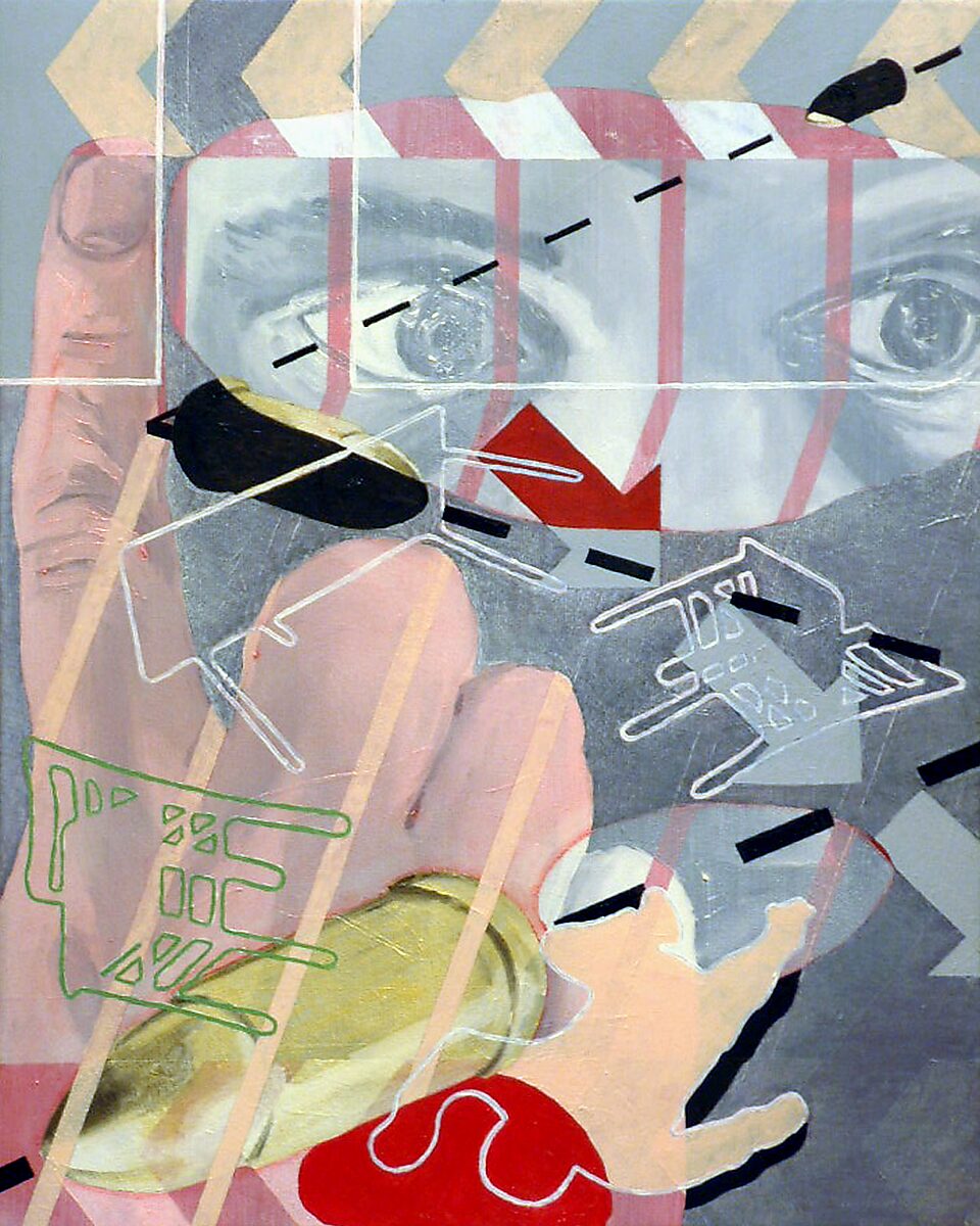 Warning Bullet, original painting with a close-up of a face and hand, overlaid with arrows, lines and graphic shapes.