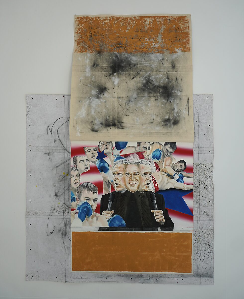 Television Series, Noise Preacher — the upper part of the canvas is lifted further upward revealing a larger part of the underlying painting; the work thus shows two image layers existing simultaneously.