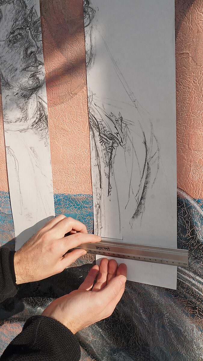 Naming–Value Butterflies — process drawing: self-portrait study (1995), Captured (2026) — hands measure the bottom of a narrow vertical strip of the pencil portrait with a ruler.