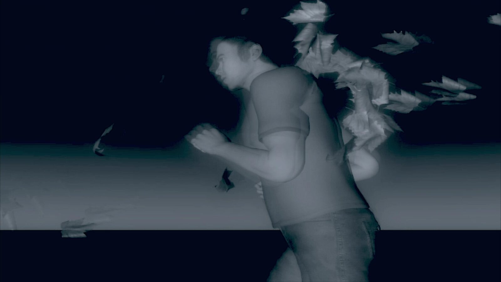 Virtual Transformation — The Runner — video still of a 3D animation in which a figure appears among floating leaves in a dark space.