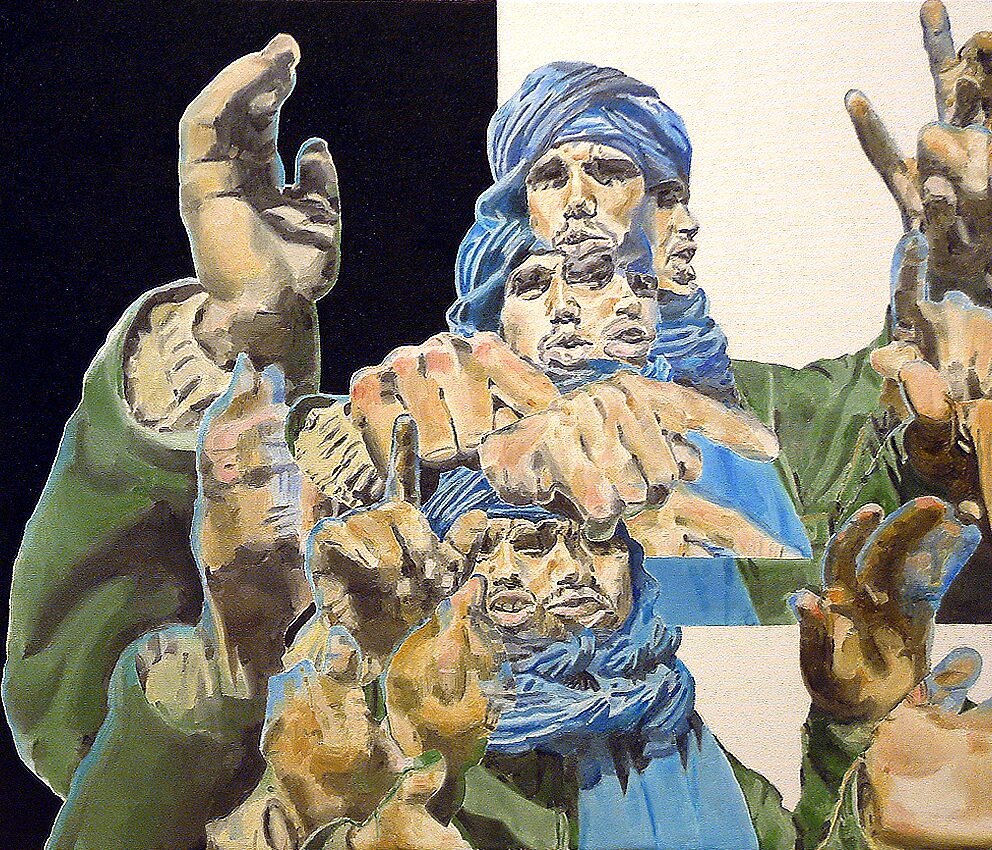 Television Series, Condensed Time — a figure wearing a turban with raised hands appears in displaced fragments; successive television moments overlap so that gestures and facial expressions appear as a compressed layer of time.