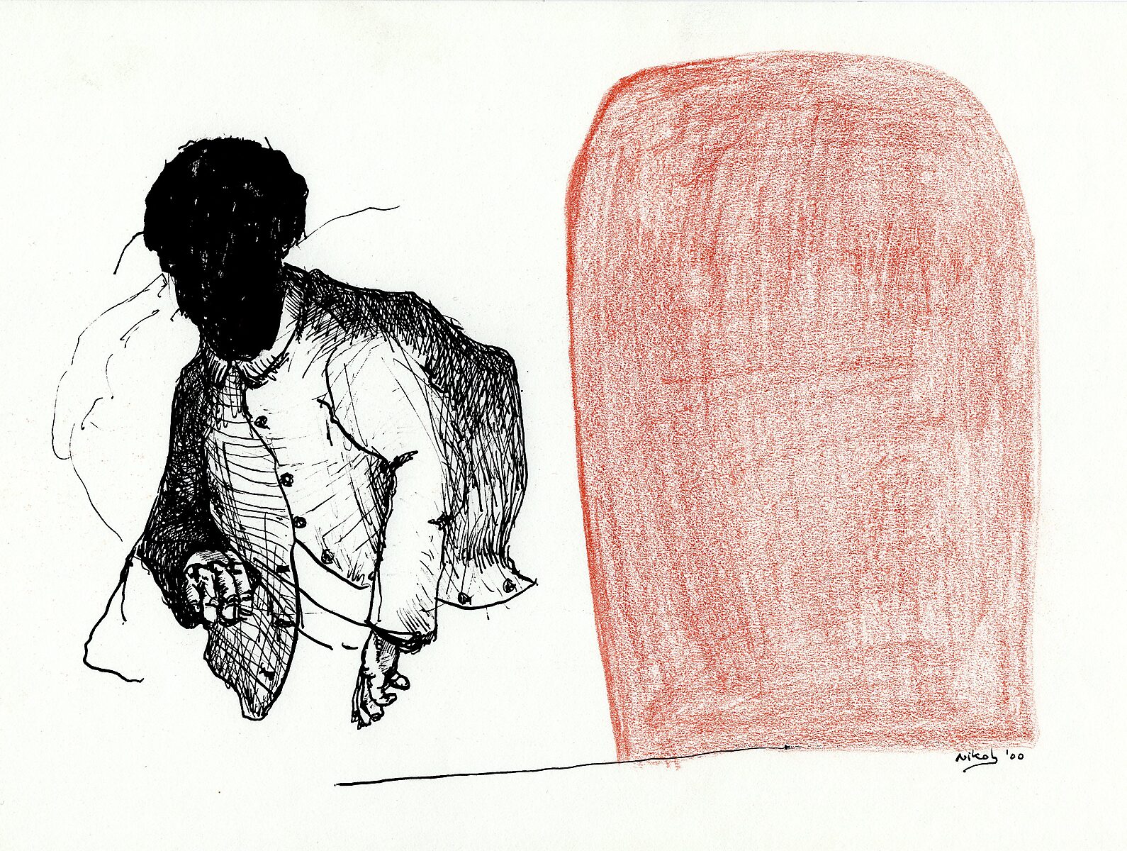 Drawings — Year 2000 — drawing of a figure without a visible face wearing a jacket; to the right of the figure stands a large red colored rectangular shape.