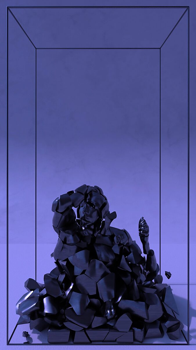 Gebroken volume — videostill van een blauwe 3D-animatie waarin het sculptuur grotendeels is ingestort tot een hoop brokstukken.