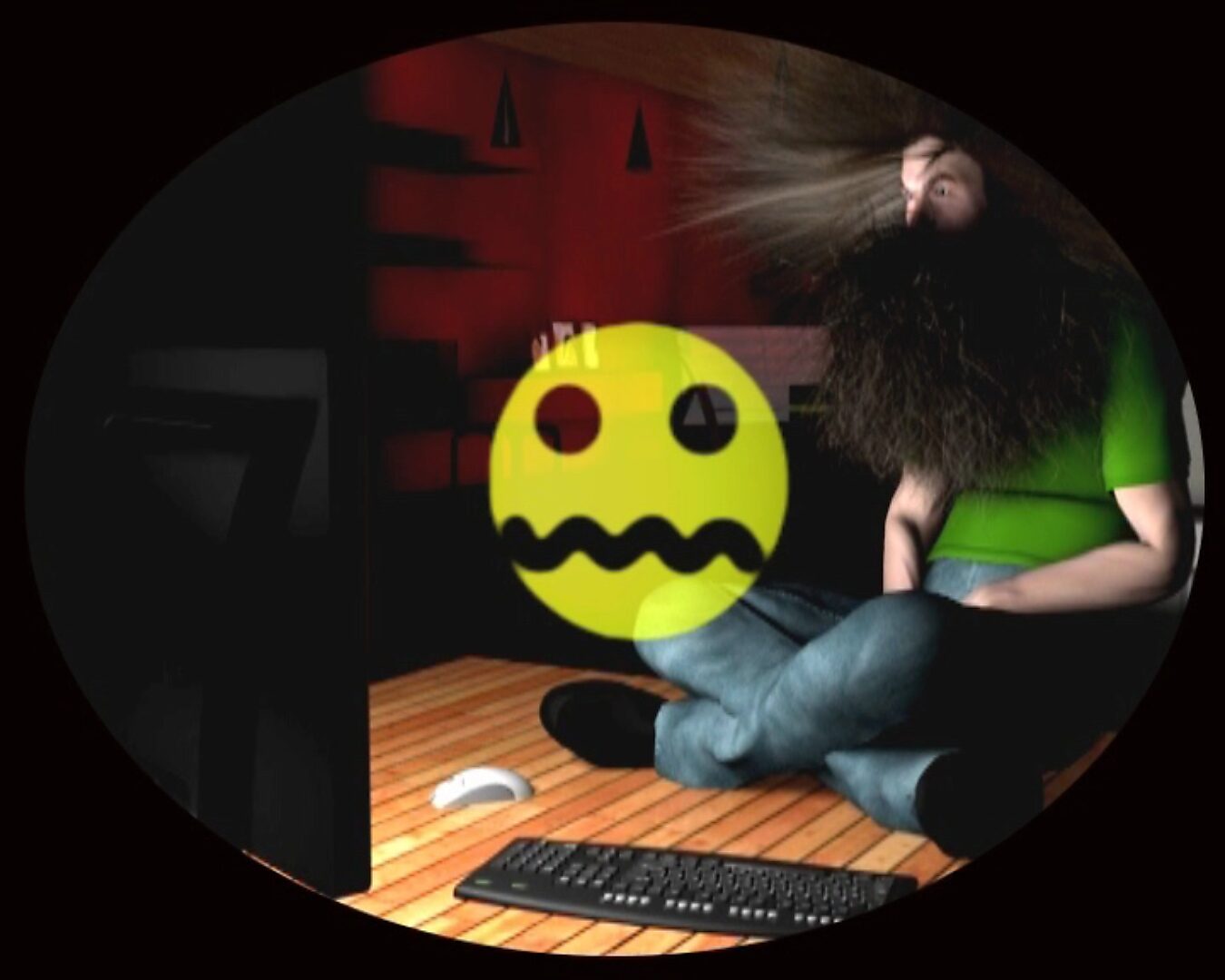 De moderne holbewoners — een man zit op de vloer voor een computerscherm; zijn lichaam reageert heftig terwijl gele emoji-gezichten in beeld verschijnen en de scène door een cirkelvormig kader wordt bekeken, alsof men door een kijkgat observeert.