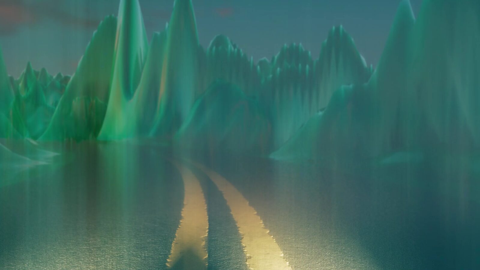 Virtual Transformation — Reversing Landscape: video still from a 3D animation; the image becomes cooler and more abstract, with sharper, mountain-like structures rising as the road recedes further into depth.