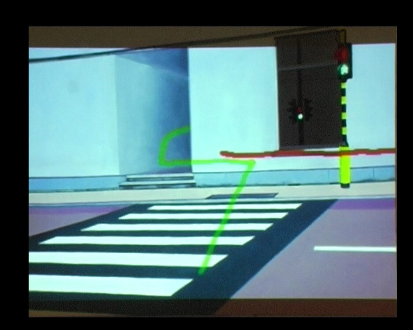 Living Canvas — “Happy Beating Heart” versus “The Whistlers” — video still where several coloured lines intersect, suggesting movement within the quiet street setting.