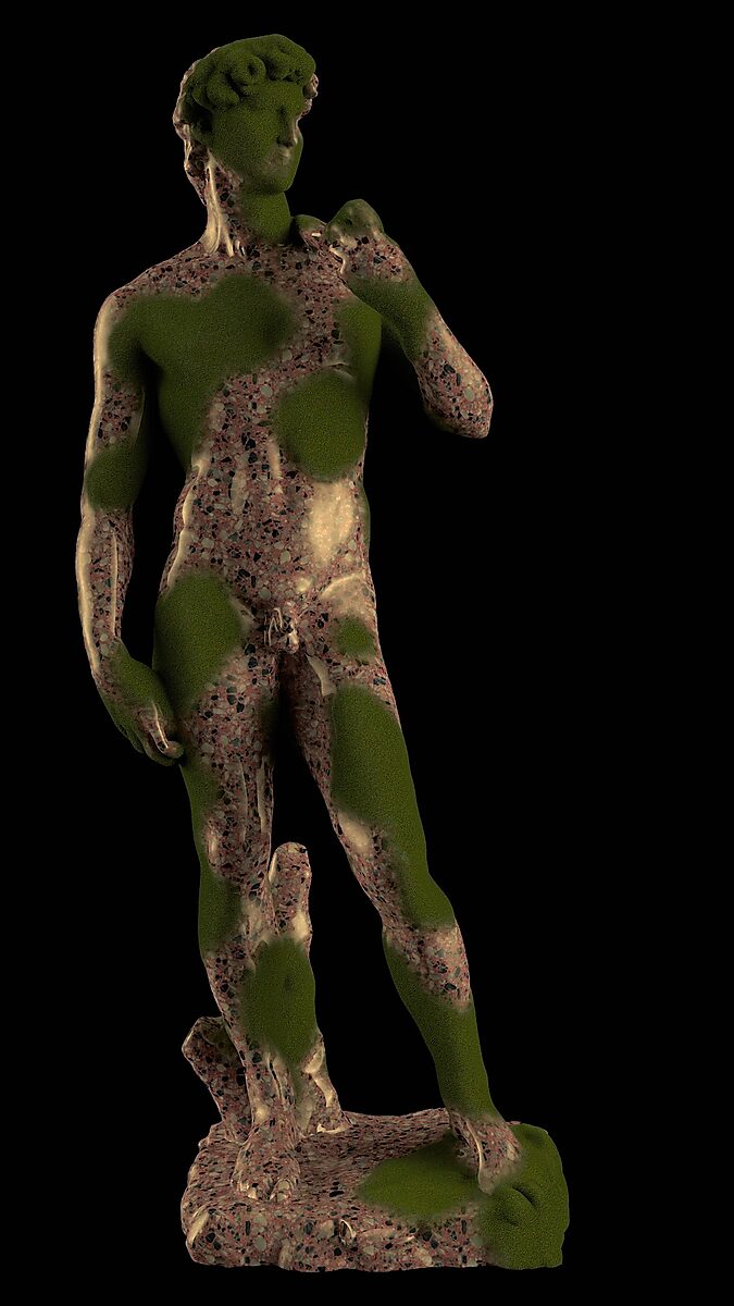 The Infected David — videostill in which the body acquires a mixed texture of terrazzo-like structures and green patches spreading across the statue.