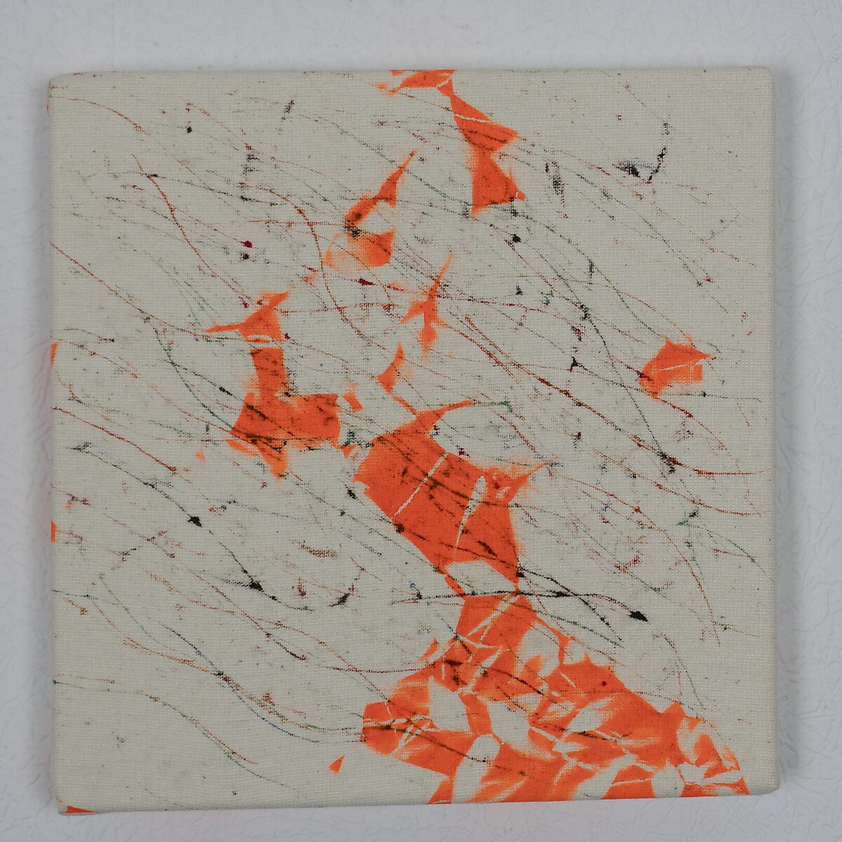 Drawings — Remaining Ink Cloths — drawing where thin diagonal line traces move across the canvas like a current of wind or water, with scattered orange ink prints.