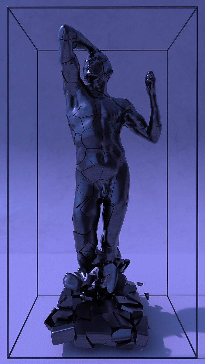 Gebroken volume — videostill van een blauwe 3D-animatie waarin het sculptuur begint te barsten en de eerste stukken loskomen.