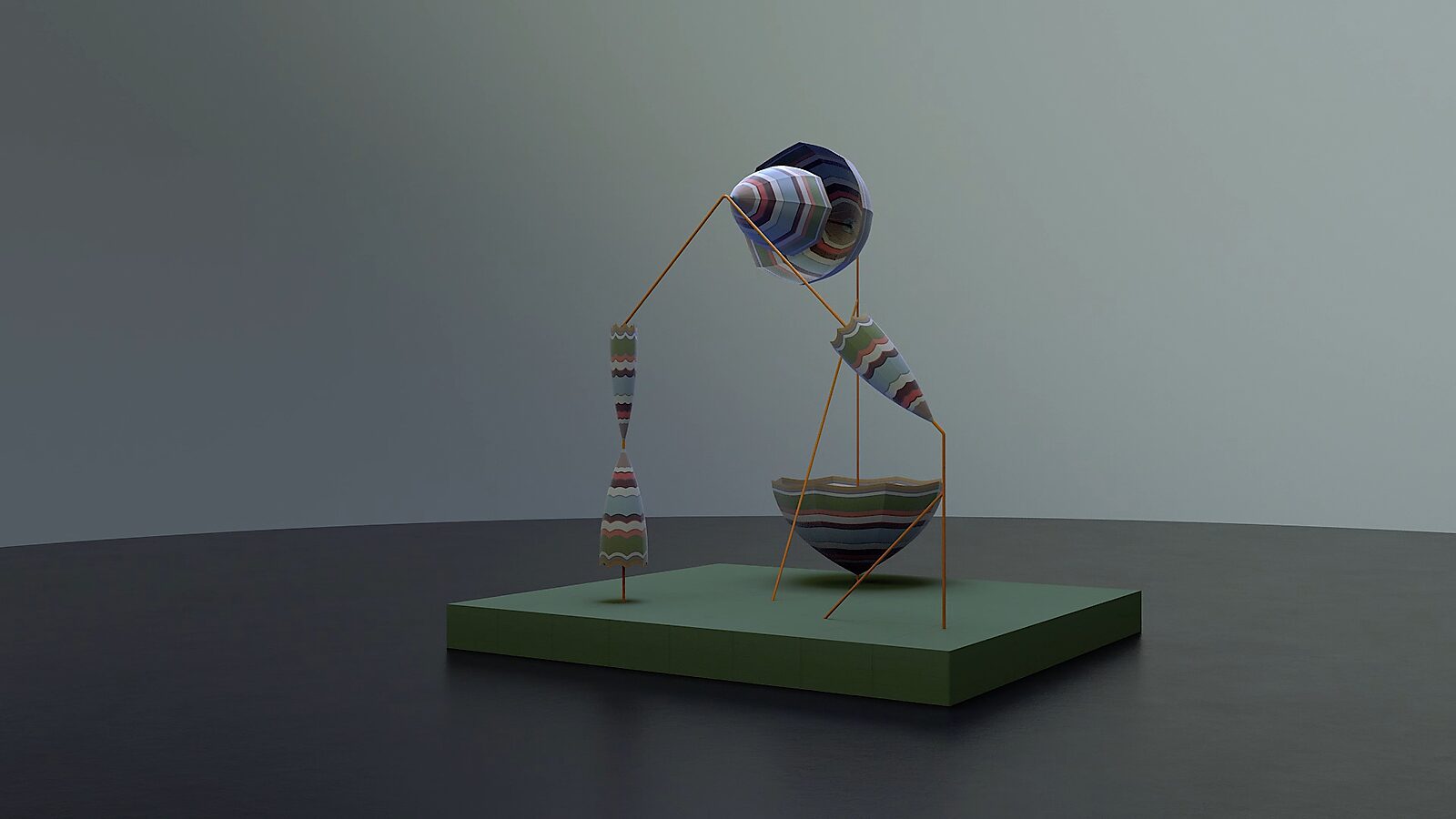 Umbrella — videostill from a 3D animation: the umbrella tilts while striped shapes hang and balance from thin rods like floating elements of a mobile.