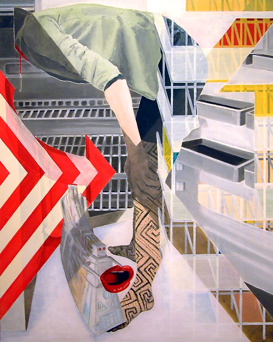 Paintings.zip, Empty Fridge — a fragmented composition shows a leg hanging from a refrigerator-like rack, surrounded by industrial structures, arrows and transparent architectural forms.