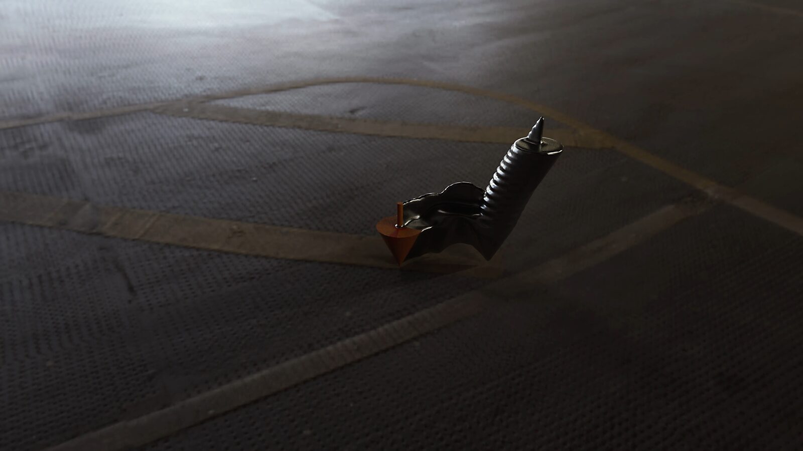 Elke beweging creëert een vorm nr.4 — videostill uit een 3D-animatie waarin een tol roteert en door zijn beweging een tijdelijke, circulaire vorm in de ruimte tekent.
