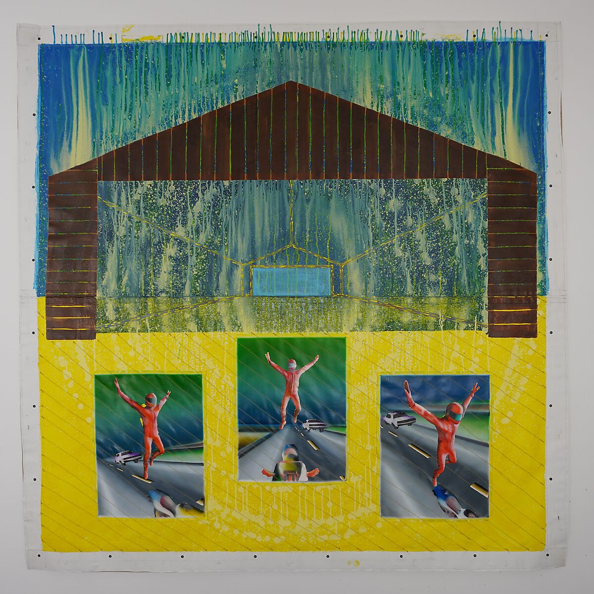 Melting Targets No. 4 — MT.4.7 Resurrection of Ukraine, composite canvas with a painted architectural structure and three sewn-in images of a falling figure above a highway.