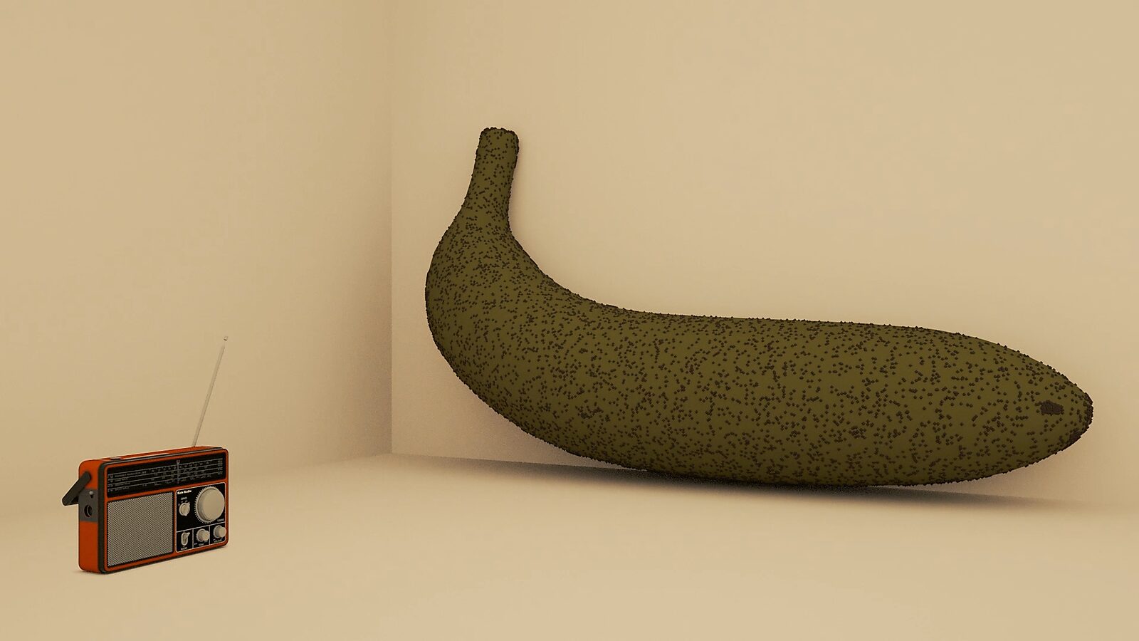 Virtuele transformatie — Haatradio — videostill van een 3D animatie waarin een radio een stroom van zwarte deeltjes uitzendt die een banaan vormen tegen een neutrale achtergrond.