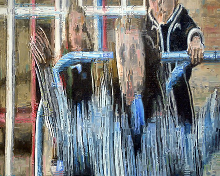 Television Series, Frozen Action — The Roundabout — children on a carousel are depicted at a moment of spinning motion; distorted lines and repetitions suggest the speed of the play while the image itself remains still.