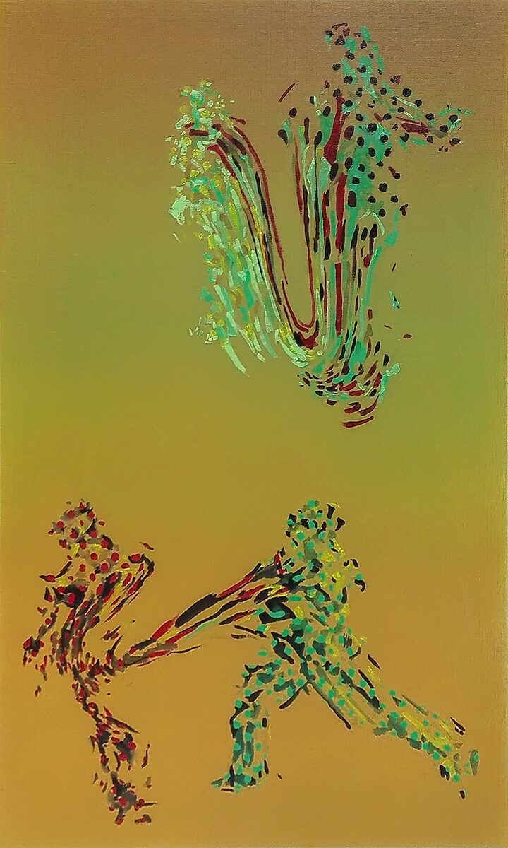 Variaties in verschil — schilderij met fragmentarische, kleurrijke figuren opgebouwd uit losse penseelstreken die tegenover elkaar lijken te bewegen, waardoor lichaam en beweging uiteenvallen in schilderkundige sporen.