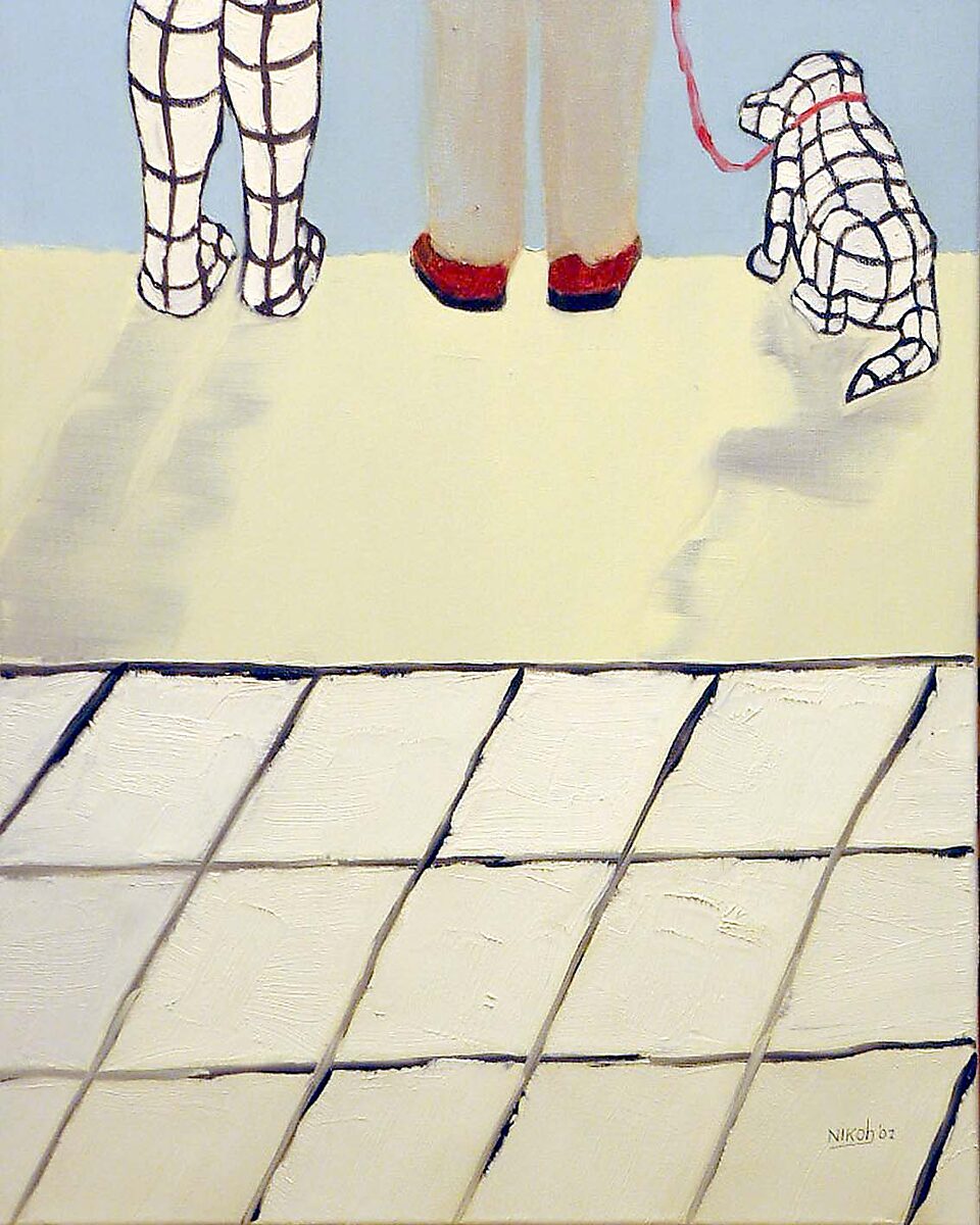 Virtual Grids — oil painting in which a woman in red shoes stands beside a dog; both the animal and a second figure are constructed from a black wireframe like 3D models, while the painted legs, floor and shadows represent the tangible, physical world.