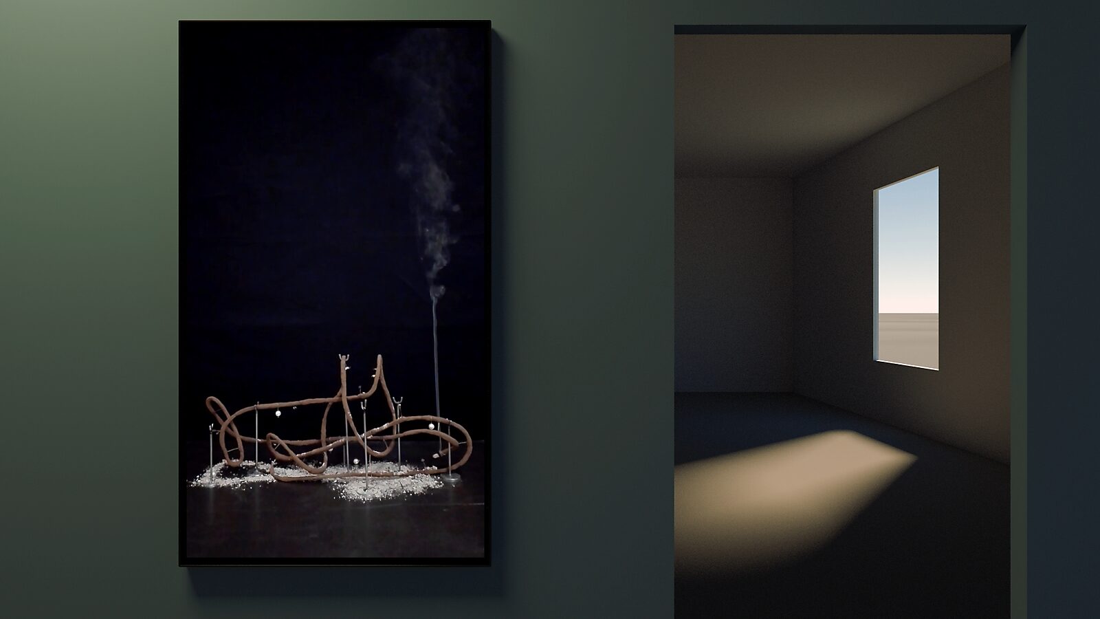 Shipbuilding — videostill uit een 3D-animatie van een tentoonstellingsconcept: de wierooksculptuur brandt verder en de rook stijgt op terwijl het zonlicht verder door de ruimte schuift en de lichtvlek groter wordt.