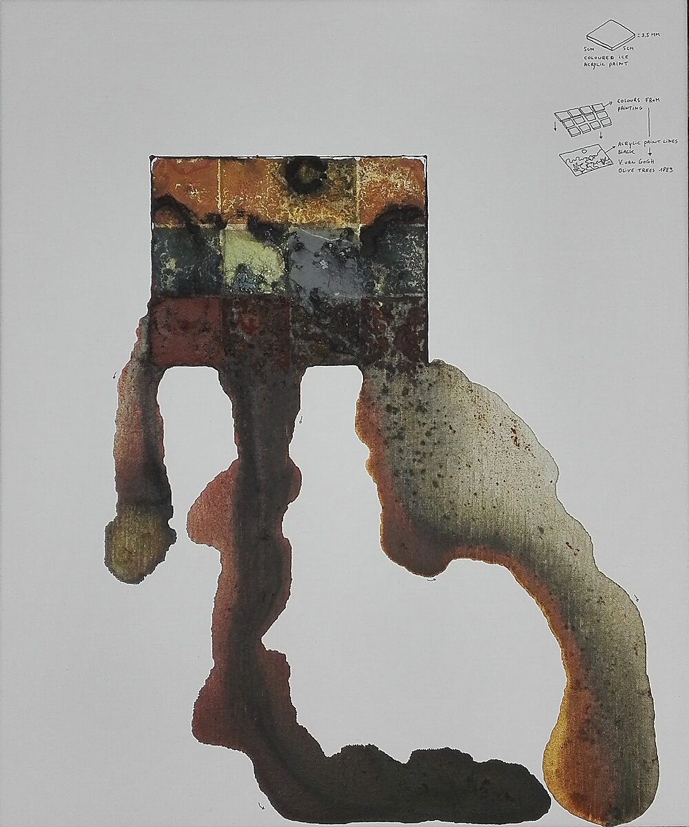 Smeltende comSmeltende composities — schilderij waarin heldere kleurstromen van rood, geel, blauw enposities — schilderij met donkere aardetinten en roestachtige vlekken die ontstaan uit het samenvloeien van pigment tijdens het smelten van de ijsplaatjes.