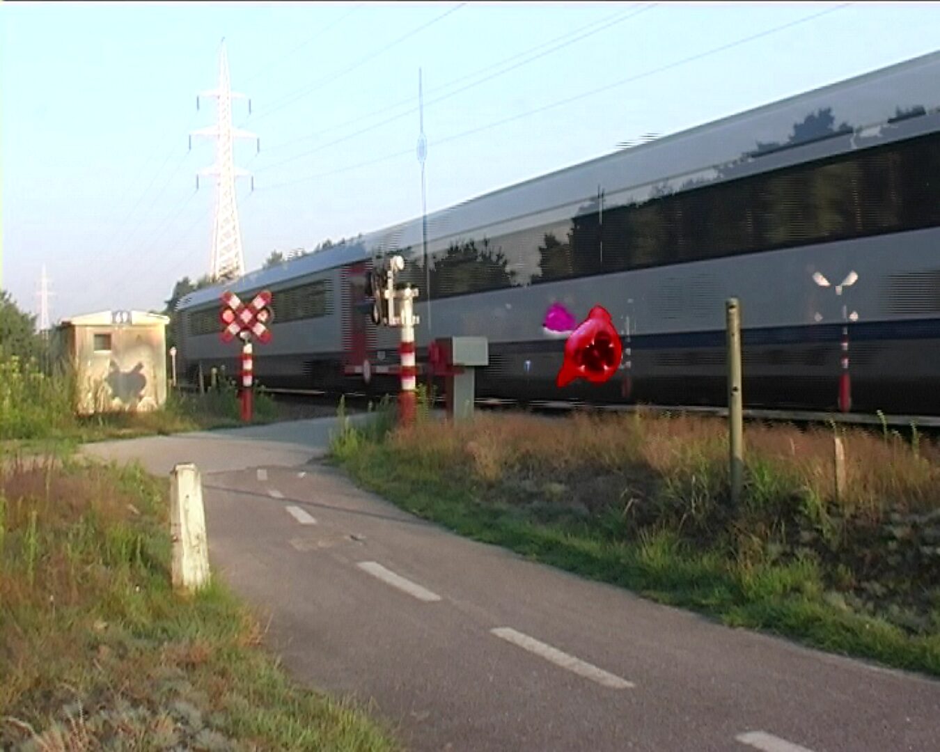 Beweging en verstilling — On the Origin of Butterflies — videostill waarin een rode vlindervorm voor de passerende trein verschijnt, als een vluchtige kleurvlek in het bewegende landschap.