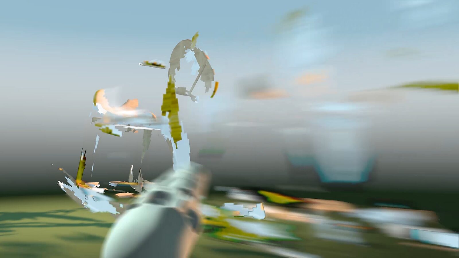 Trage schilderijen, Slow Paintings — Schedel en schommelpaard — videostill uit 3D-animatie waarin het beeld verder oplost in fragmenten en lichtvlekken; het schommelpaard wordt een bijna abstract silhouet, zwevend tussen herkenbaarheid en digitale ontbind