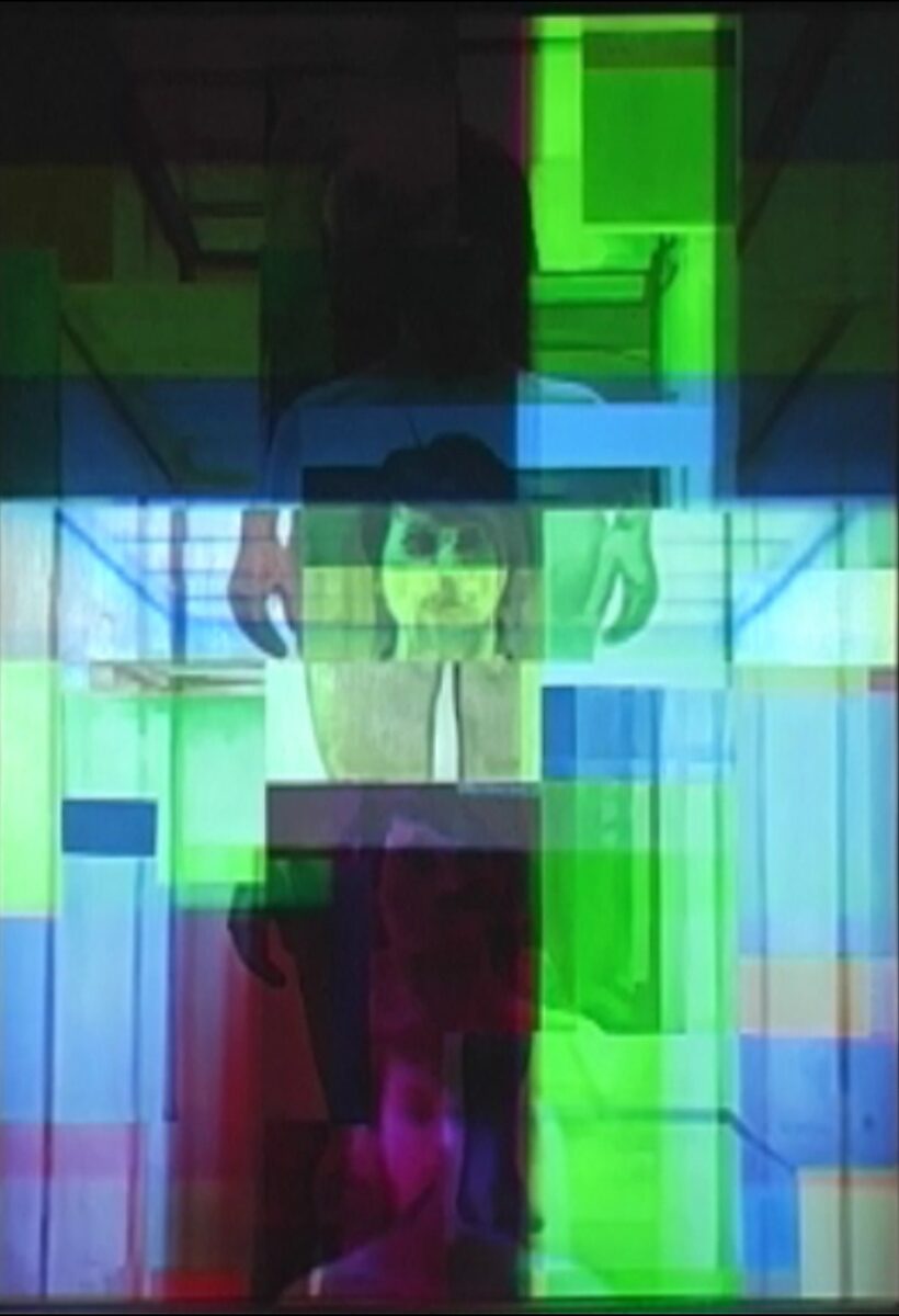 Living Canvas — Nu descendant par un ascenseur — video still in which darker colour blocks and transparent rectangles move across the image, causing the figure to partially disappear again.