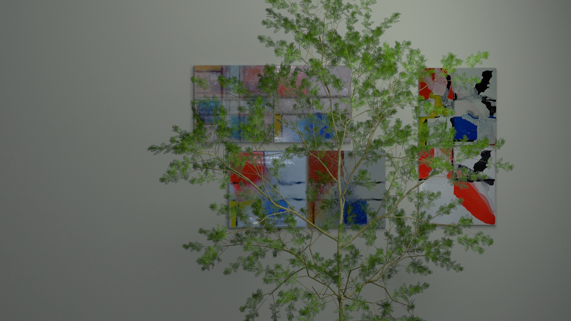 Exhibition concept Back to Nature with Piet Mondrian No. 1 — closer view where branches and leaves of the tree partially cover the paintings and screens.