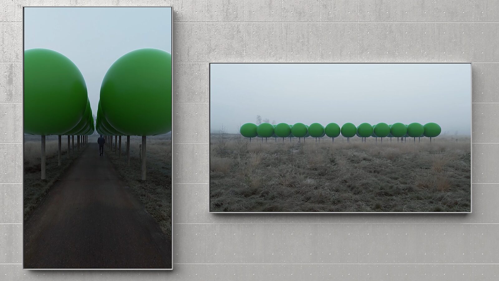 Luchtige bomen — Verlangen naar de Zomerlaan, tentoonstellingsconcept met twee flatscreens: links een wandelaar op een pad tussen rijen bomen met grote groene bollen, rechts een panoramisch zijaanzicht van de bomenrij in een nevelig veld.