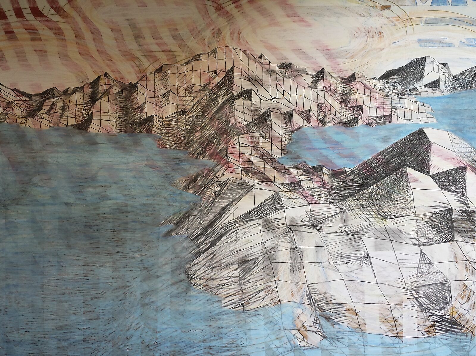 Drawing in Motion — videostill of a drawn mountain landscape with angular rock formations and blue water surfaces; the sky consists of flowing reddish-brown lines.