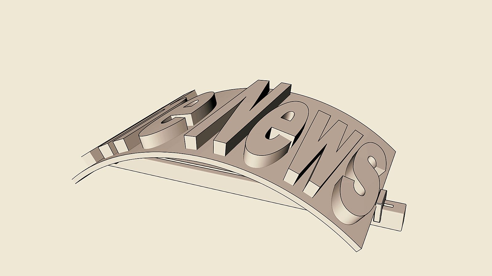 Bending the News — 3D animation videostill: the plate with the letters “The News” begins to bend, forming a slight curve as the letters deform along with it.