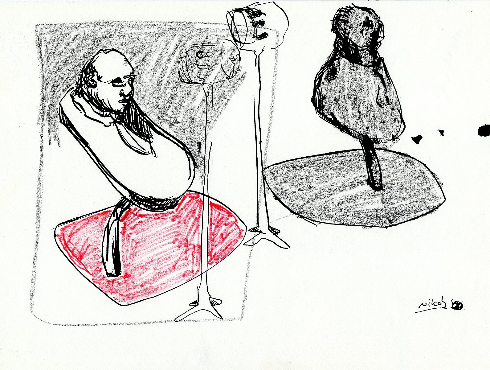 Drawings — Year 2000 — drawing with two busts of male heads on stands; on the left a head with a wide red base, on the right a smaller head on a round pedestal.