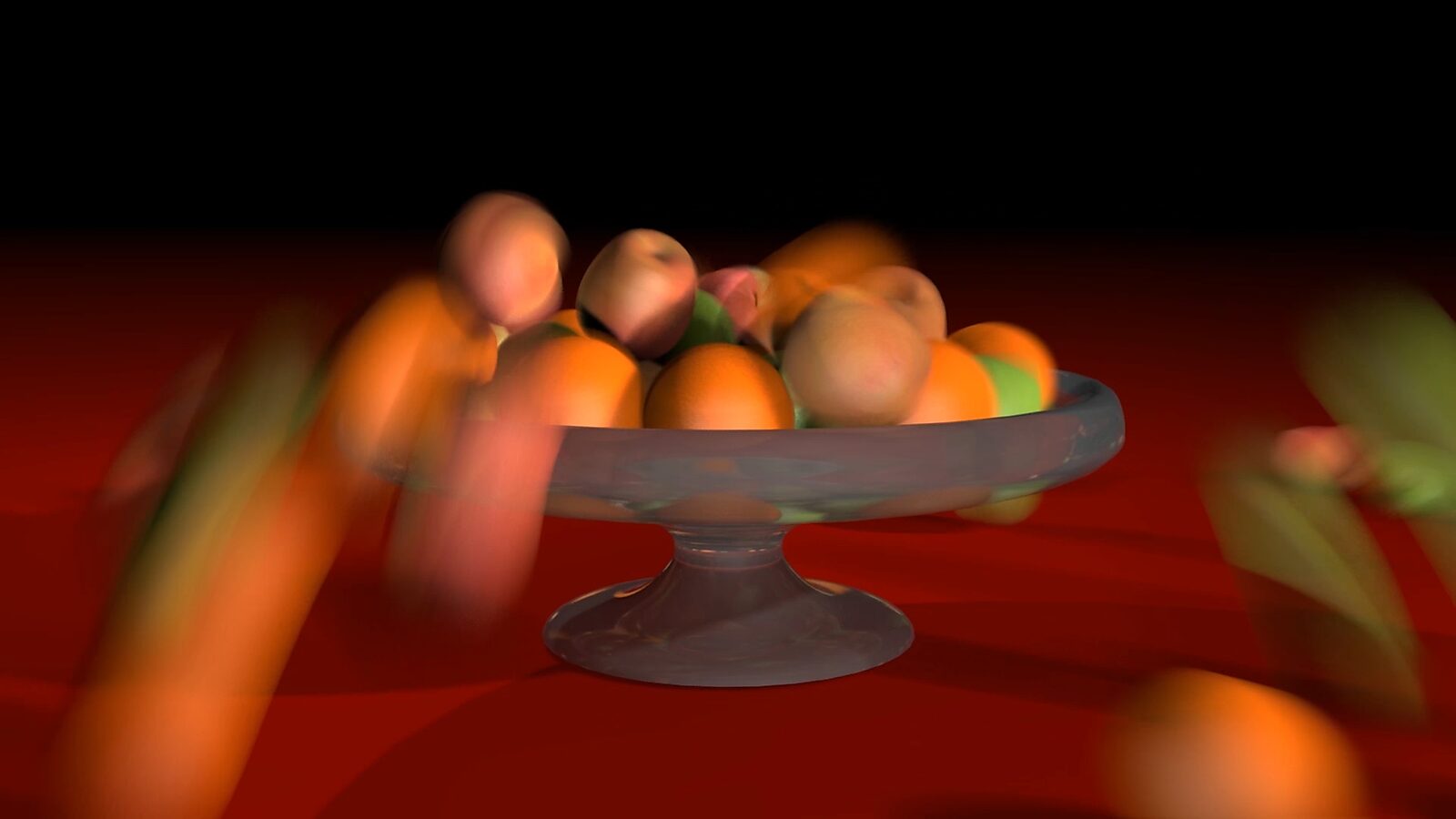 Trage schilderijen, Slow Paintings — De fruitschaal, The Fruit Bowl — videostill uit 3D-animatie waarin vruchten door de schaal heen lijken te bewegen en het beeld vervaagt tot overlappende vormen; snelheid en vertraging worden gelijktijdig zichtbaar in é