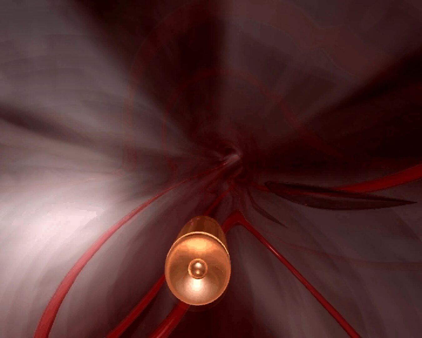 Virtuele transformatie — De weg van de kogel — videostill van een 3D animatie met een versnellend perspectief door een rood, dynamisch tunnelvormig geheel.
