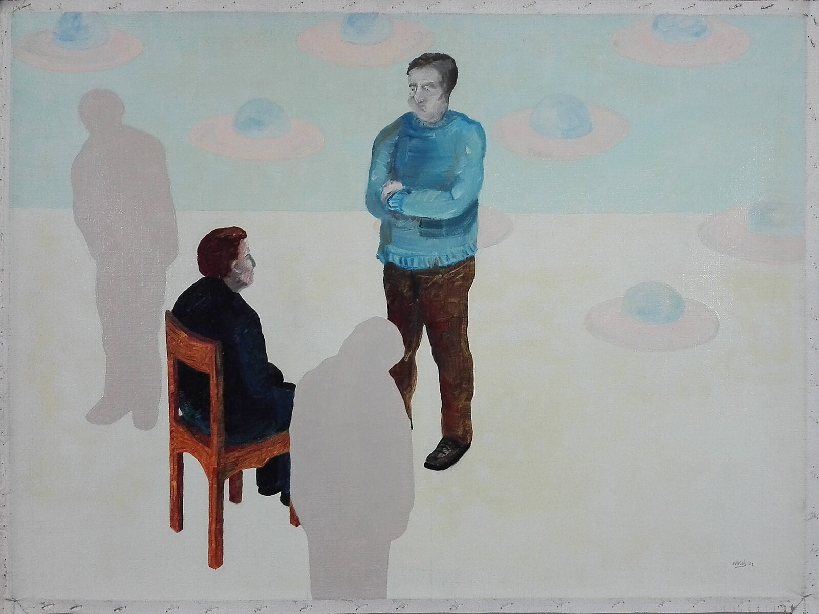 Paintings.zip, Alien Investigation — two figures stand in an empty space while repeating saucer-like objects appear in the background; shadows of figures fall across the floor suggesting a scene of observation or interrogation.