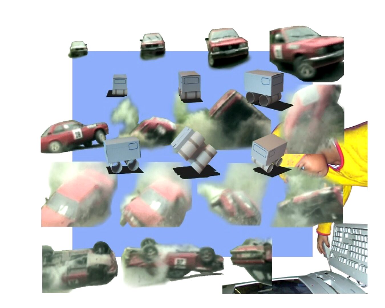 Beweging en verstilling — Vrijheid van fantasie — videostill waarin meerdere auto’s en kleine witte voertuigen in verschillende posities verschijnen terwijl stofwolken en botsingen door het beeld verspreid zijn.