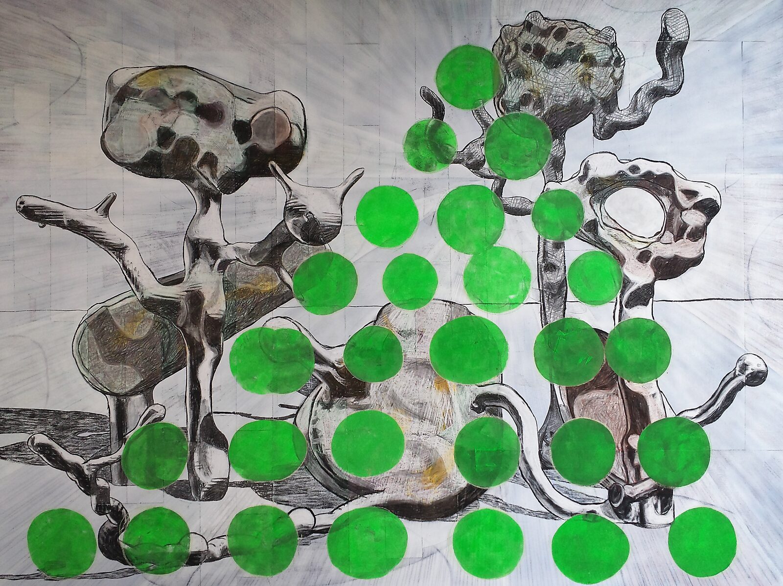 Drawing in Motion — videostill of organic sculpture-like forms covered with bright green circles, as if a grid of dots is placed over the image.
