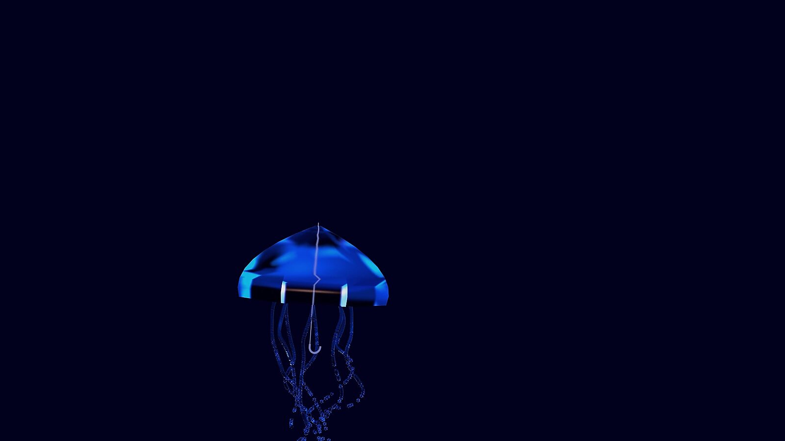 Virtuele transformatie — Jelly Umbrella: videostill uit een 3D-animatie; een transparante, blauwe paraplu zweeft in een donkere ruimte, waarbij de onderzijde zich begint te verlengen tot fijne, druppelende tentakels.
