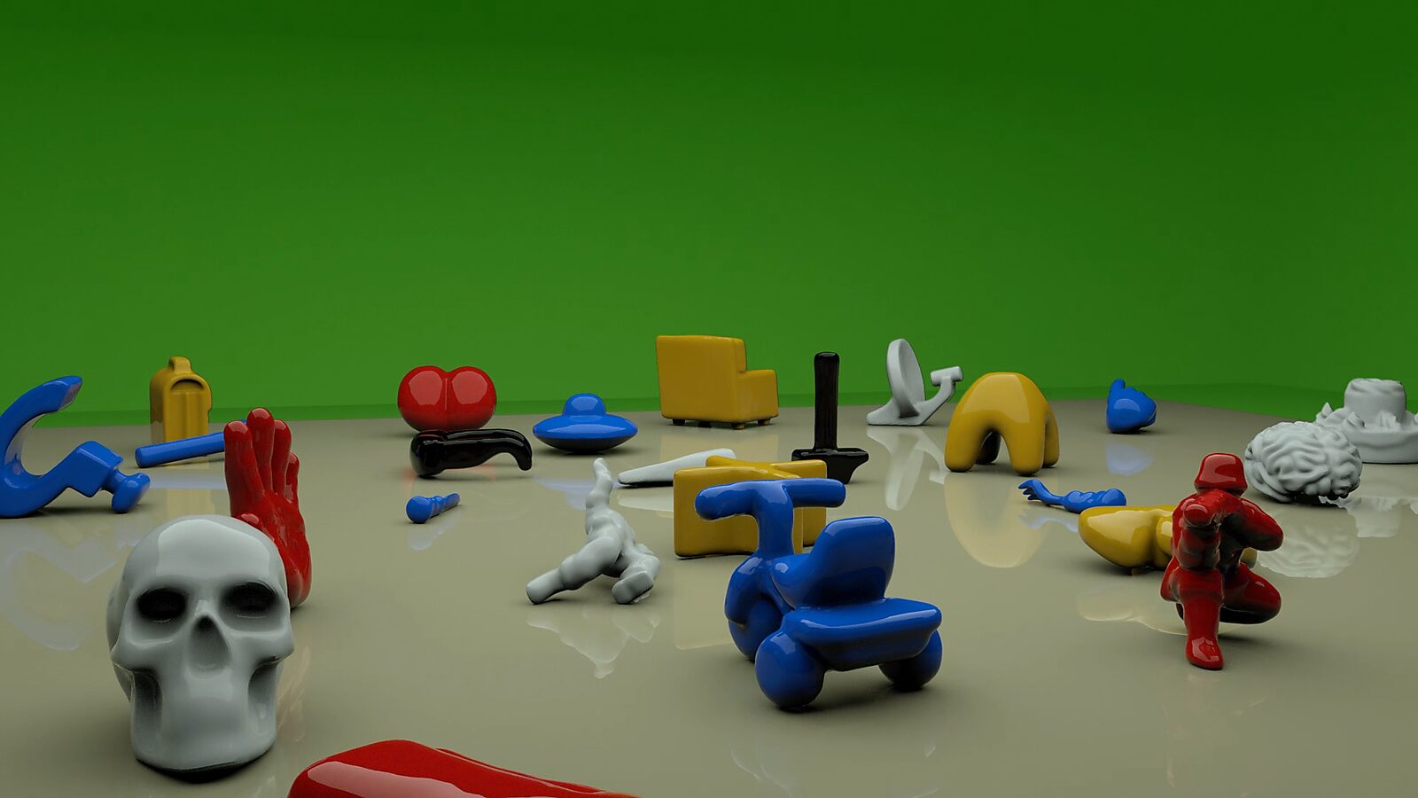 Kies en verander — digitale scans van polyester vormpjes in 3D-animatie: overzicht van meerdere glanzende objecten en figuratieve vormen, waaronder een schedel en een figuur, geplaatst in een open digitale omgeving.
