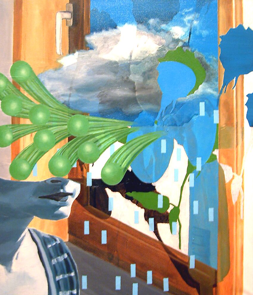 Information Overload, These Flowers Smell — a female profile near a window looks outward while blue silhouettes, green flower-like forms and vertical rain-like streaks overlay the image.