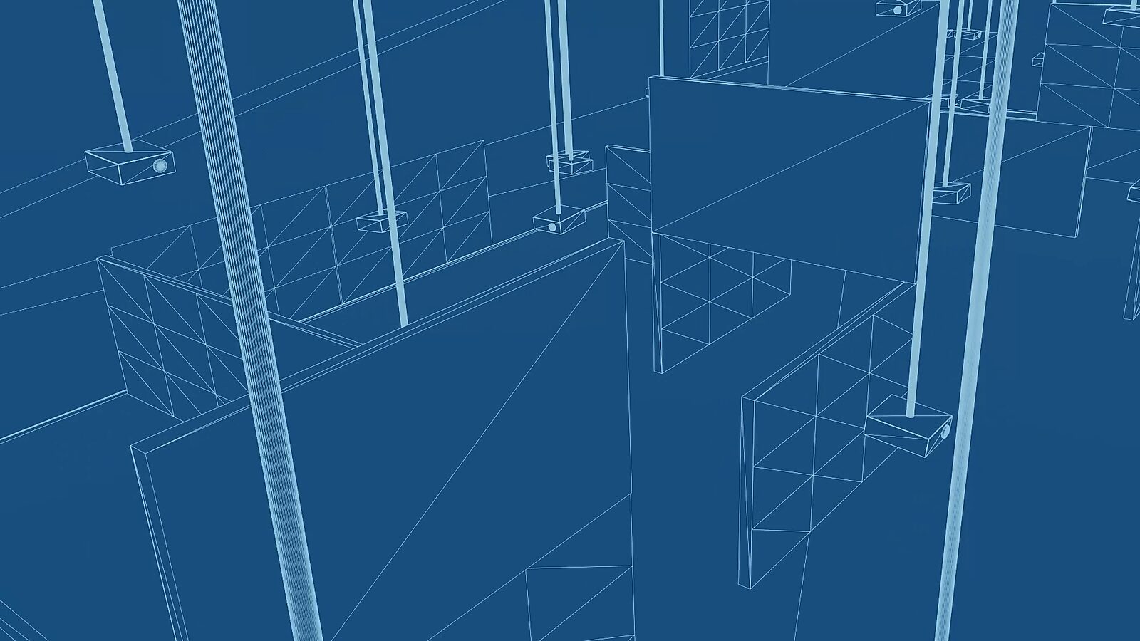Virtual Transformation — Form of a Passage — wireframe video still of a 3D animation in which the architecture of the exhibition setup appears as a transparent construction.