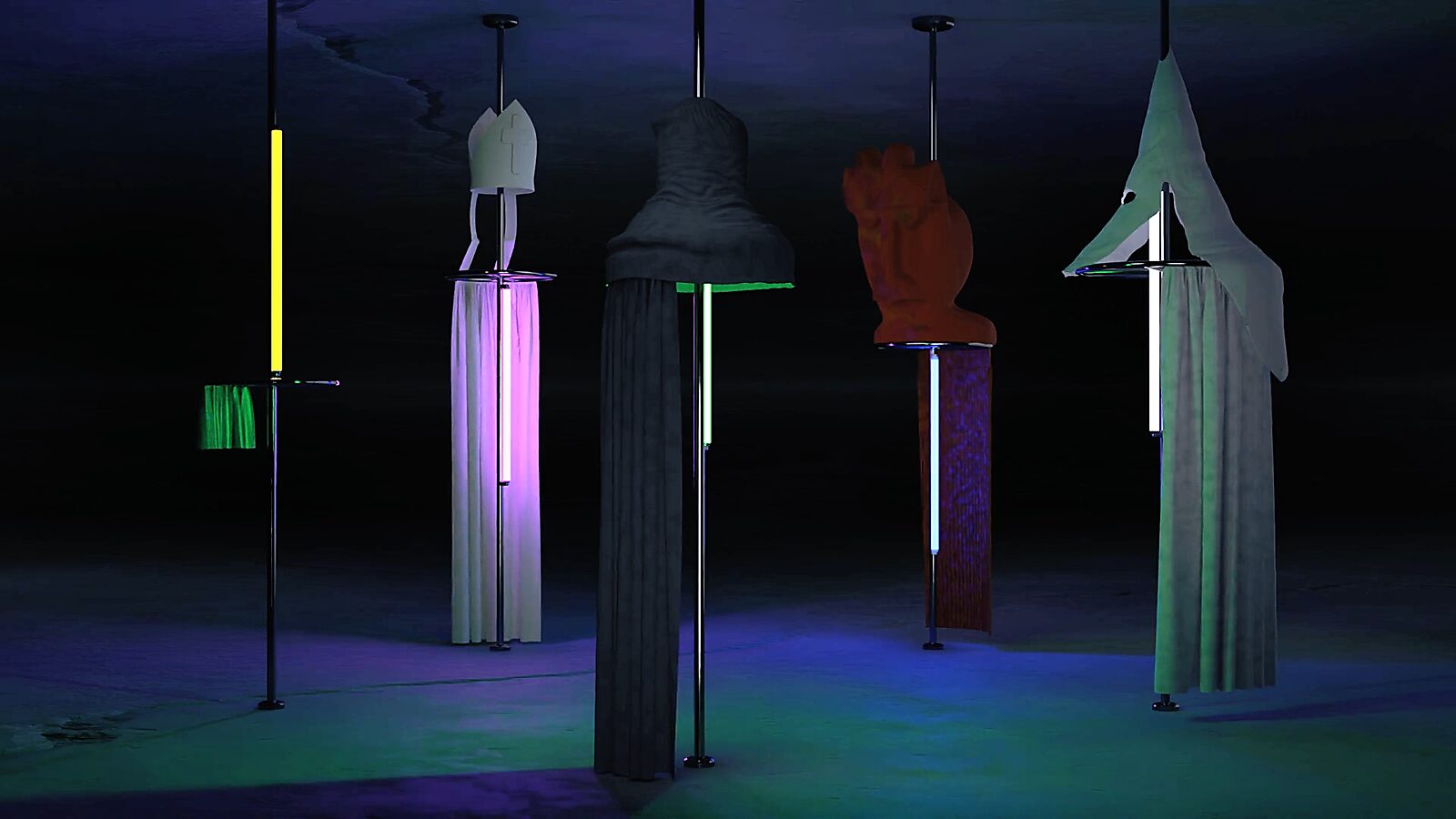 Danspaalgordijnen — videostill uit een 3D-animatie: de sculpturen verschijnen als abstracte personages rond danspalen terwijl gekleurde verlichting de gordijnachtige structuren en neonstaven laat oplichten.